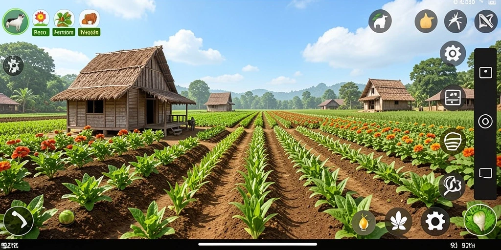 Gameplay 9ZK menampilkan petani yang sedang merawat tanaman di ladangnya.