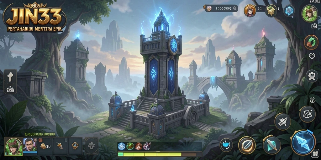 Screenshot gameplay menunjukkan serangan menara yang mendebarkan.