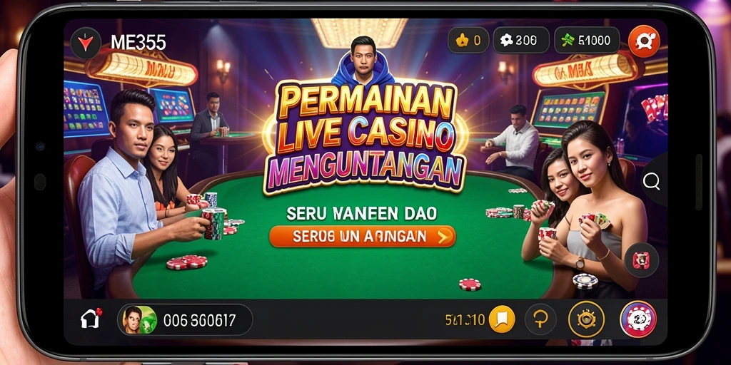 Screenshot gameplay ME355 menunjukkan dealer langsung dan suasana kasino yang dinamis.