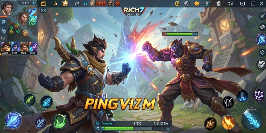 Tangkapan layar dari gameplay RICH7 yang menunjukkan pertarungan tim yang seru.