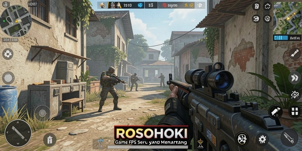 Tampilan seru gameplay ROSOHOKI dalam pertempuran FPS.