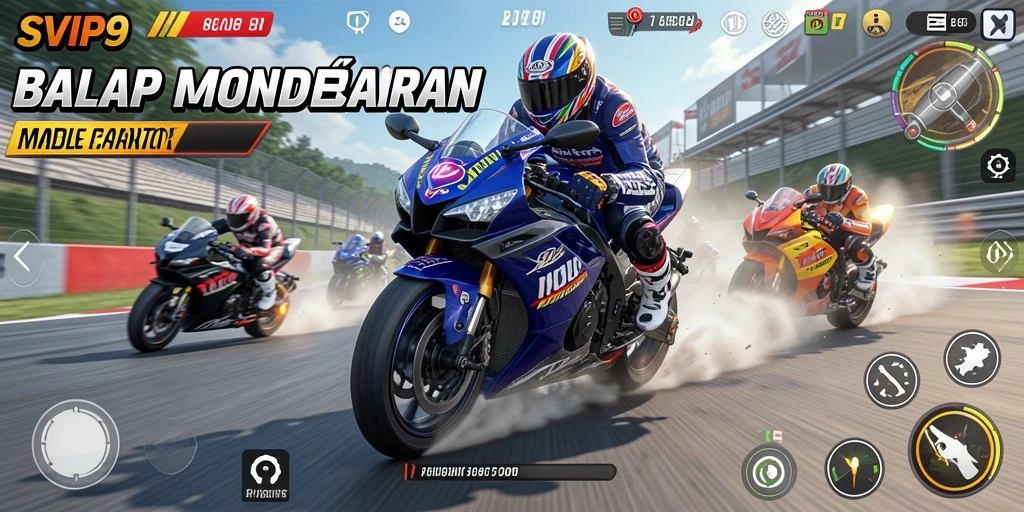 Screenshot menampilkan aksi balapan motor yang seru dan intens.