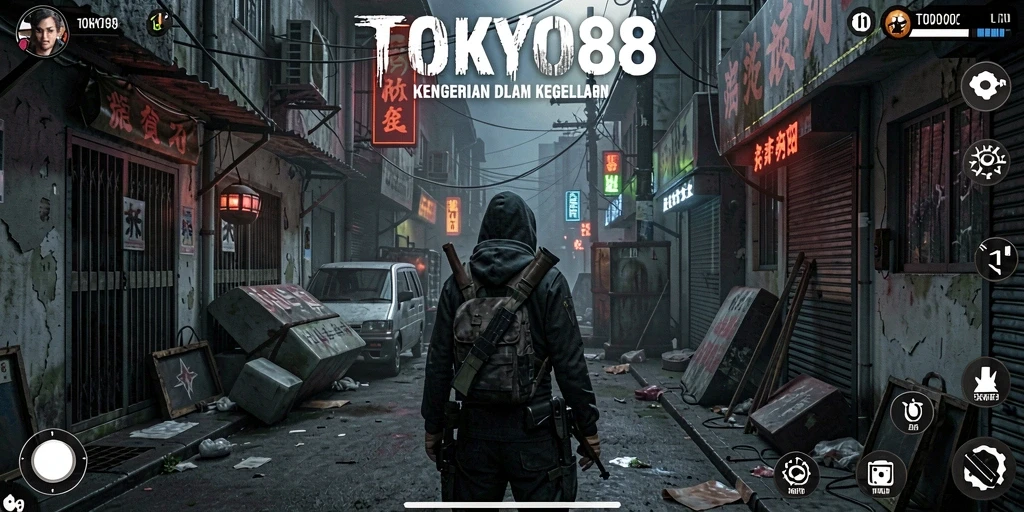 Screenshot gameplay menakutkan dari TOKYO88, menampilkan suasana horor yang tegang.