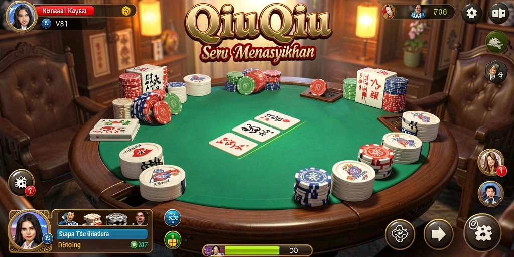 Screenshot V87 menampilkan aksi seru dalam permainan QiuQiu.