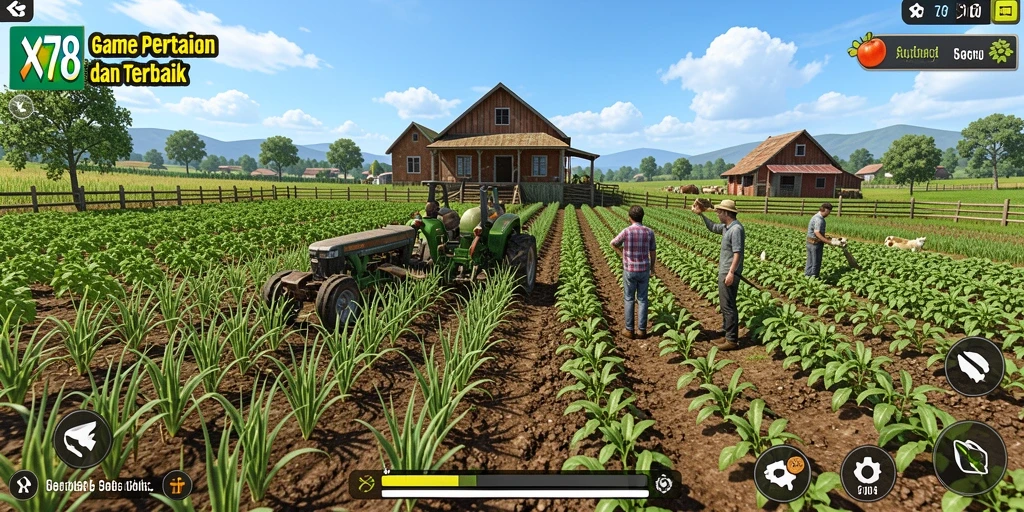 Tampilan gameplay X78 dengan aktivitas bertani yang menarik.